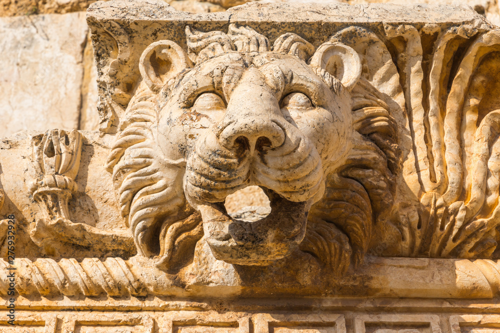 Lion at the ancient Temple of Bacchus in Baalbek Lebanon