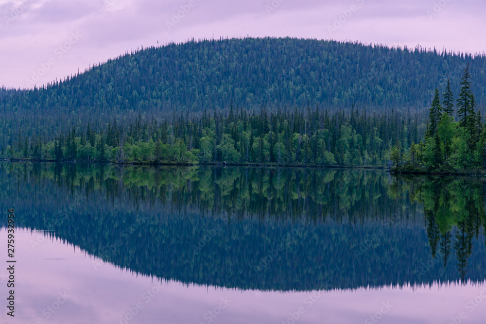 Northern forest and hills reflected in lake waters