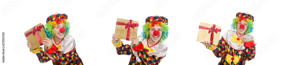 Clown with giftbox isolated on white Clown with giftbox isolated on white