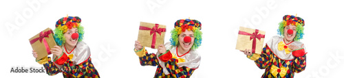 Clown with giftbox isolated on white