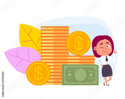 Happy smiling rich business woman character. Successful business concept. Vector flat cartoon design graphic illustration