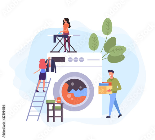 Laundry and dry cleaning clothes service steps illustration. Vector flat cartoon graphic design