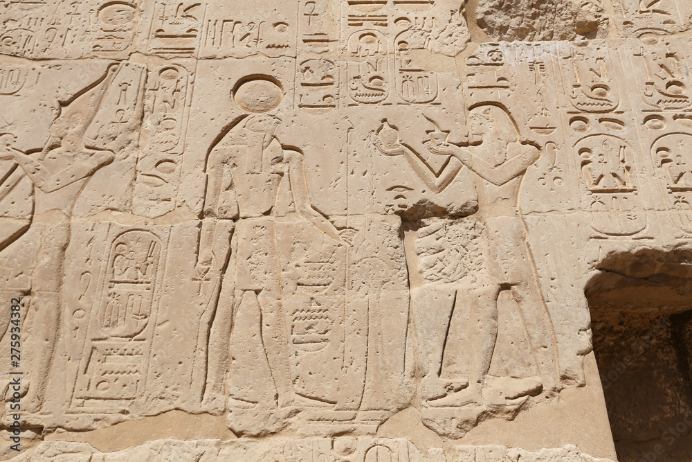 Egyptian hieroglyphs in Mortuary Temple of Seti I, Luxor, Egypt Egyptian hieroglyphs in Mortuary Temple of Seti I, Luxor, Egypt