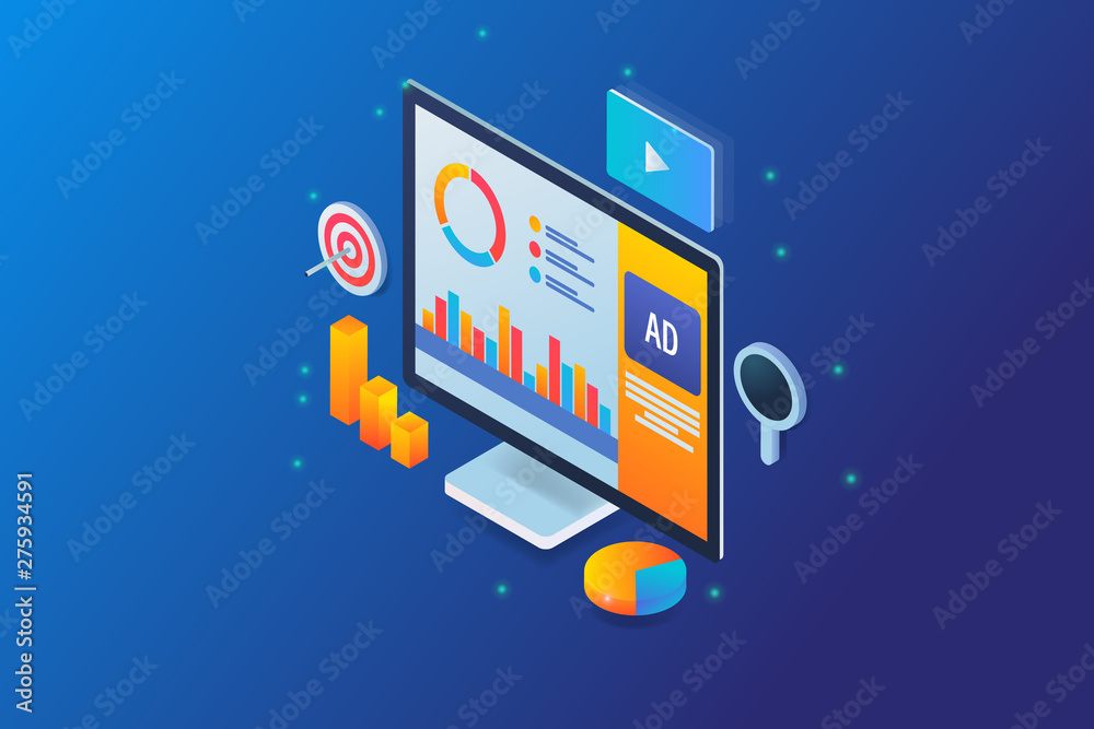 Data analytics showing on  a isometric computer, digital advertising, programmatic media ad analysis, with icons.