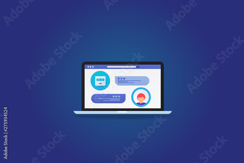 Chatbot for online customer support, human and robot conversation on a laptop screen, vector web banner.