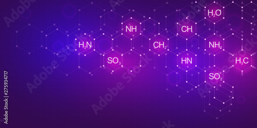 Abstract chemistry pattern on purple background with chemical formulas and molecular structures. Template design with concept and idea for science and innovation technology.