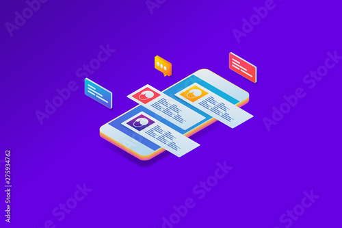 Mobile chat, chat interface application with dialog box, isometric design concept.