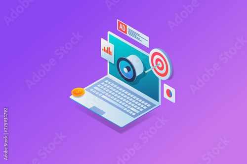 Online advertising, paid media marketing, target, isometric laptop with icons
