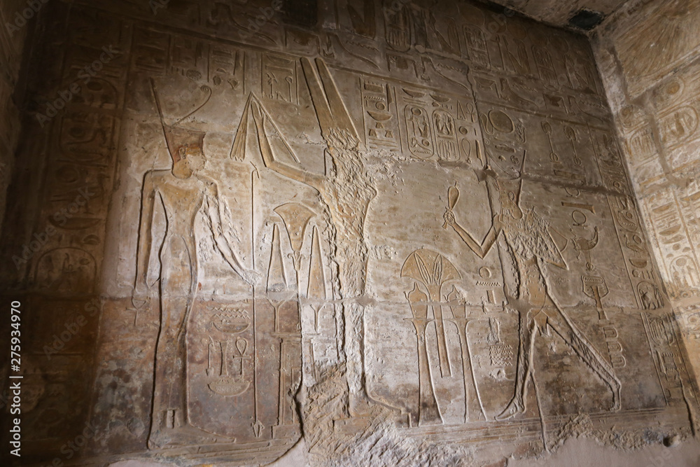 Egyptian hieroglyphs in Mortuary Temple of Seti I, Luxor, Egypt