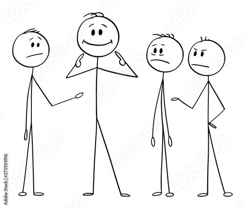 Vector cartoon stick figure drawing conceptual illustration of man or businessman pointing on yourself as the best part of the team. Business concept of arrogance, individuality and egoism. photo