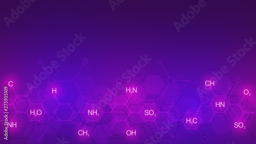Abstract chemistry pattern on purple background with chemical formulas and molecular structures. Template design with concept and idea for science and innovation technology.