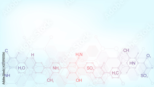 Abstract chemistry pattern on soft blue background with chemical formulas and molecular structures. Template design with concept and idea for science and innovation technology.