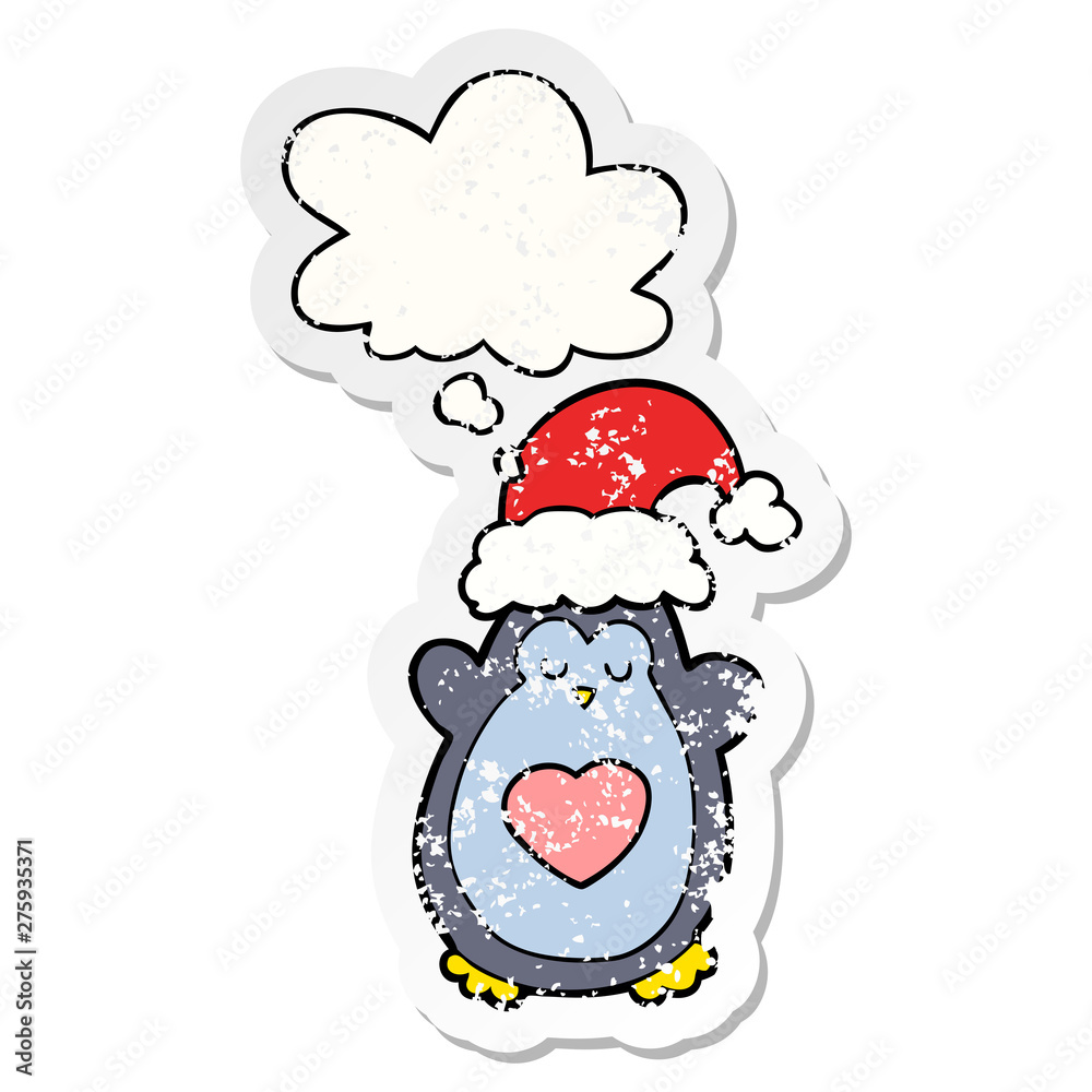 cute christmas penguin and thought bubble as a distressed worn sticker cute christmas penguin and thought bubble as a distressed worn sticker