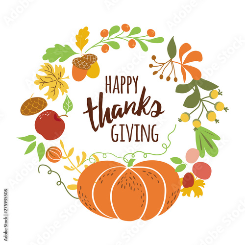 Happy Thanksgiving Pumpkin wreath Text for Thanksgiving day autumn leaves Fall banner vector