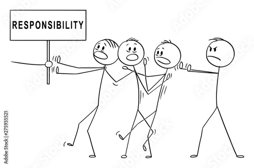 Vector cartoon stick figure drawing conceptual illustration of man or businessman or manager accusing rest of the team from failure responsibility.