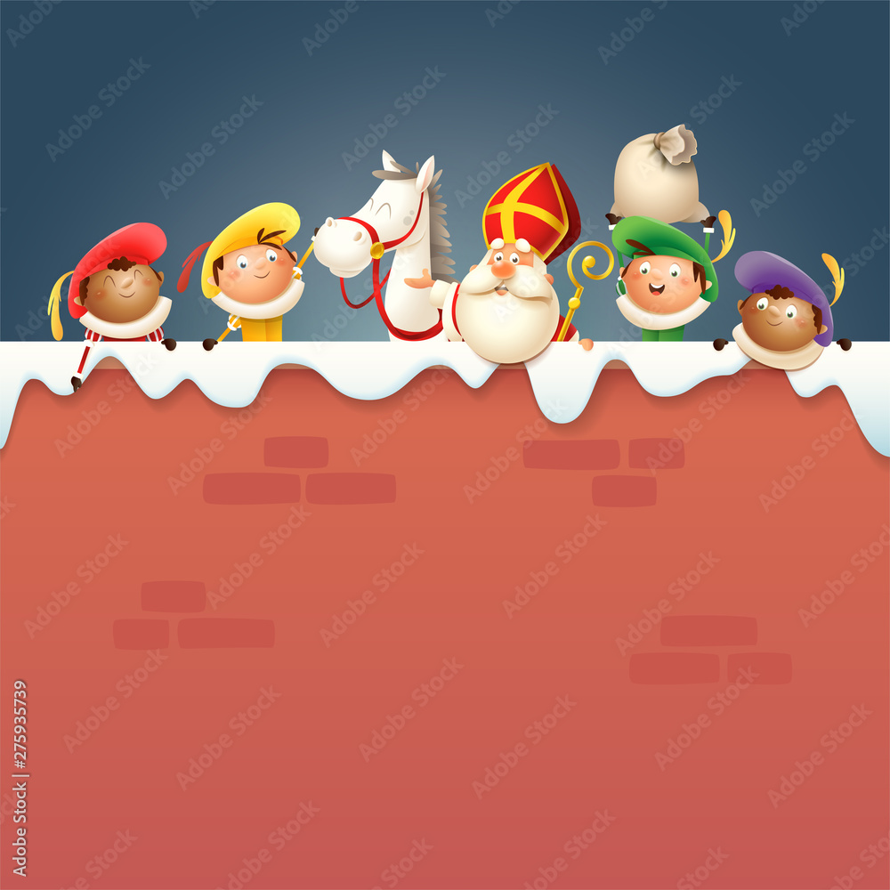 Saint Nicholas or Sinterklaas his horse and helpers Zwart Piet on board - happy cute characters celebrate Dutch holiday on snowy wall- vector illustration