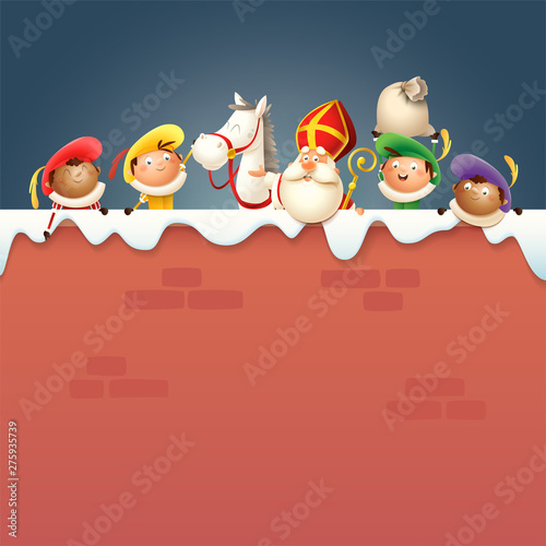 Saint Nicholas or Sinterklaas his horse and helpers Zwart Piet on board - happy cute characters celebrate Dutch holiday on snowy wall- vector illustration