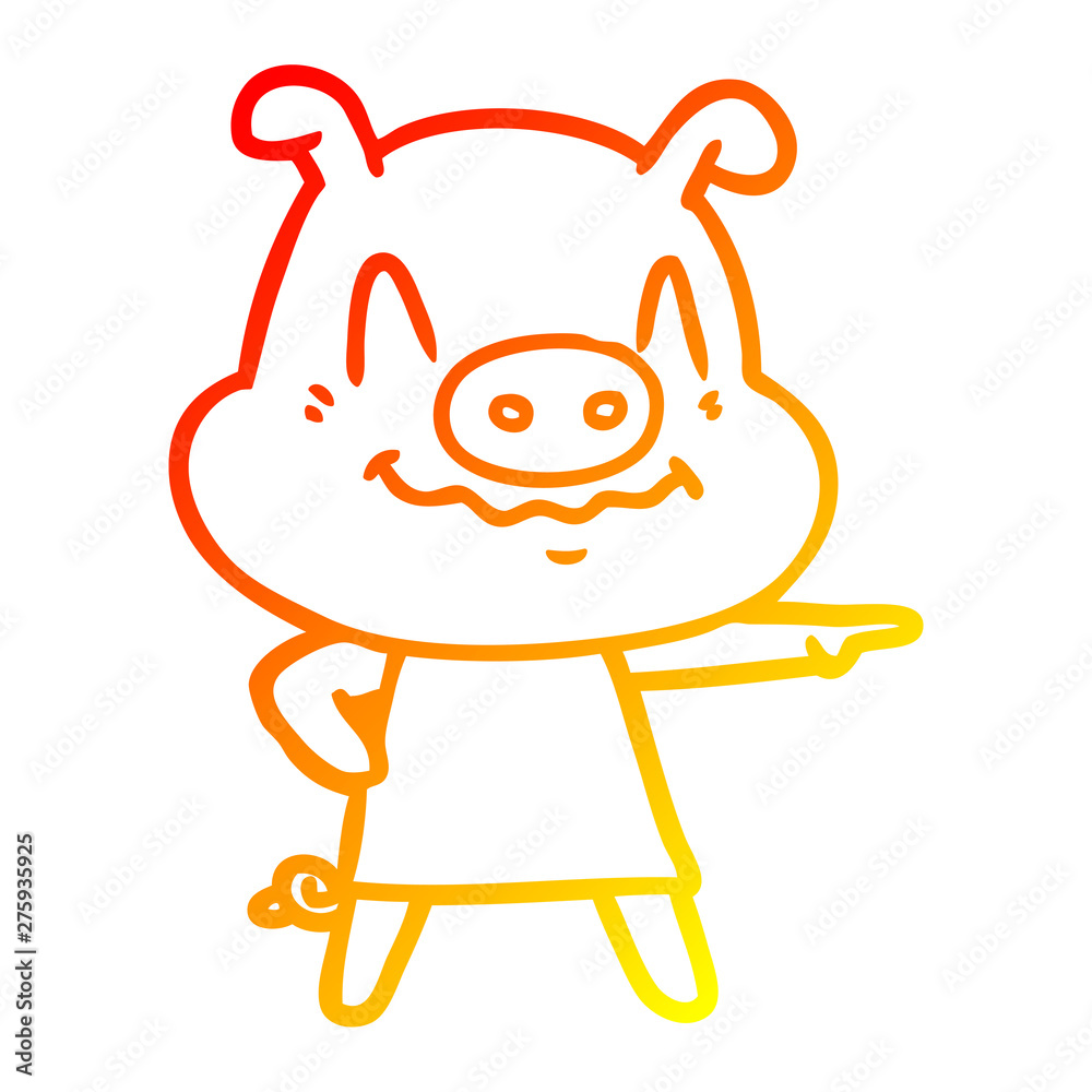 Obraz premium warm gradient line drawing nervous cartoon pig wearing dress