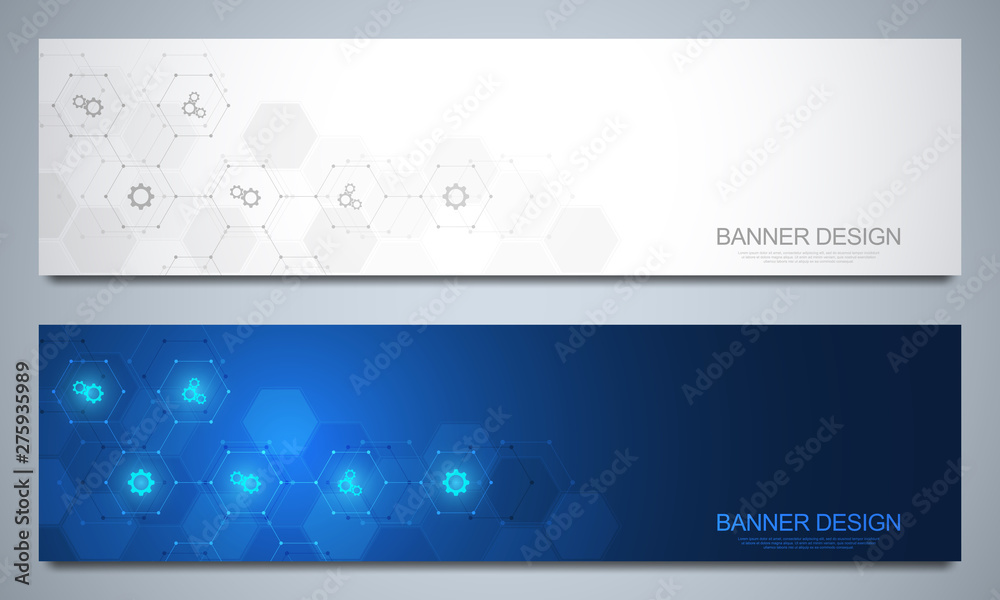 Banners design template for technological and medical decoration with flat icons and symbols. Science, medicine and innovation technology concept.
