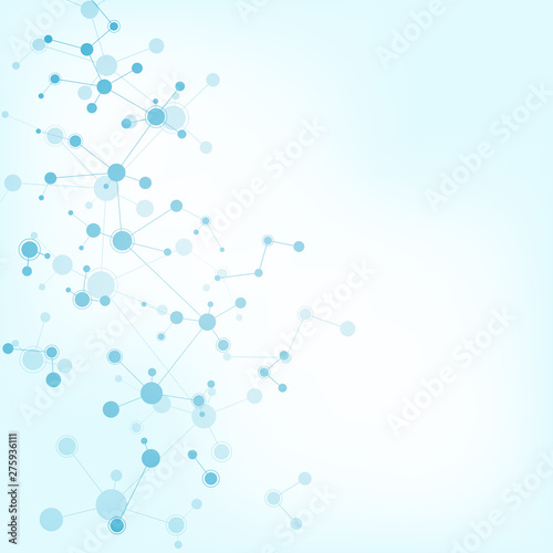 Abstract molecules on soft blue background. Molecular structures or DNA strand  neural network  genetic engineering. Scientific and technological concept.