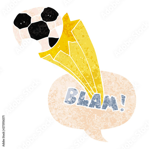 cartoon kicked soccer ball and speech bubble in retro textured style