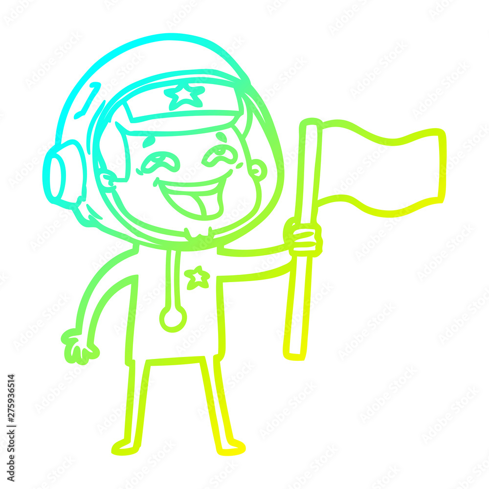 cold gradient line drawing cartoon laughing astronaut waving flag