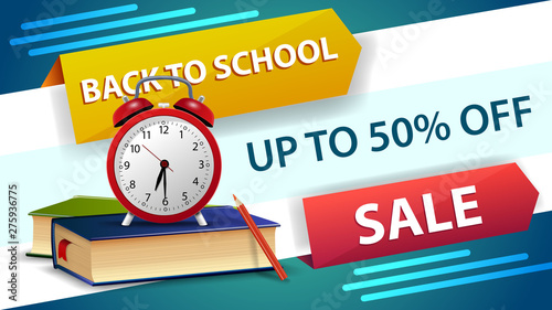 Back to school sale, horizontal discount web banner for your website with creative design, school books and alarm clock