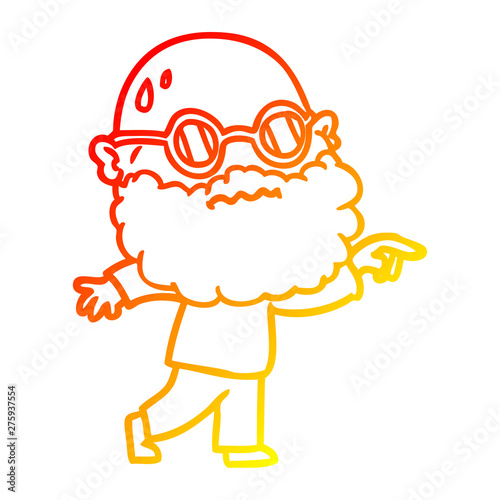 warm gradient line drawing cartoon worried man with beard and spectacles pointing finger