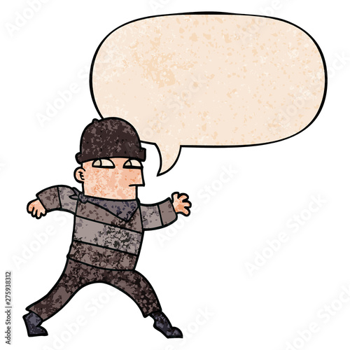 cartoon thief and speech bubble in retro texture style