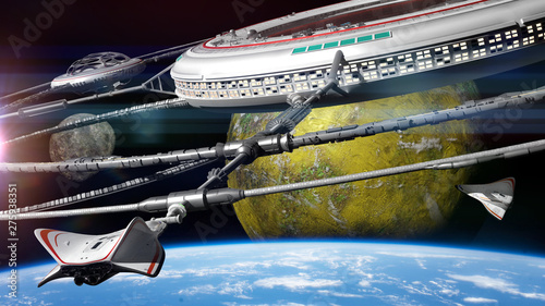 Space station and spaceships in orbit of a habitable alien planet, finding life in deep space (3d exoplanet illustration)