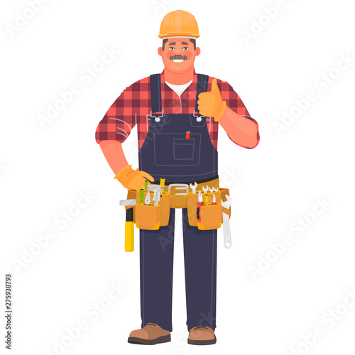 Handyman or builder. A man in a construction helmet and with tools shows a gesture cool. Thumb up