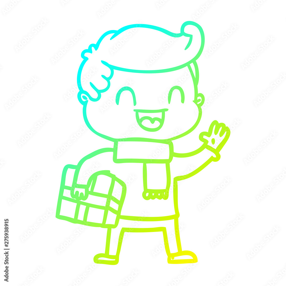 cold gradient line drawing cartoon laughing man holding gift cold gradient line drawing cartoon laughing man holding gift