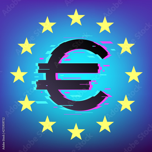 Euro glitched symbol with gold stars circle