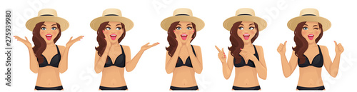 Surprised excited wave hairstyle woman in swimsuit and straw summer hat isolated vector illustration