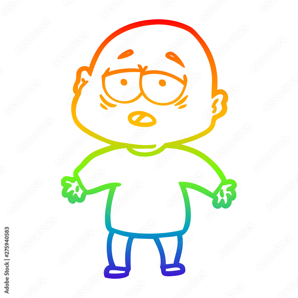 rainbow gradient line drawing cartoon tired bald man