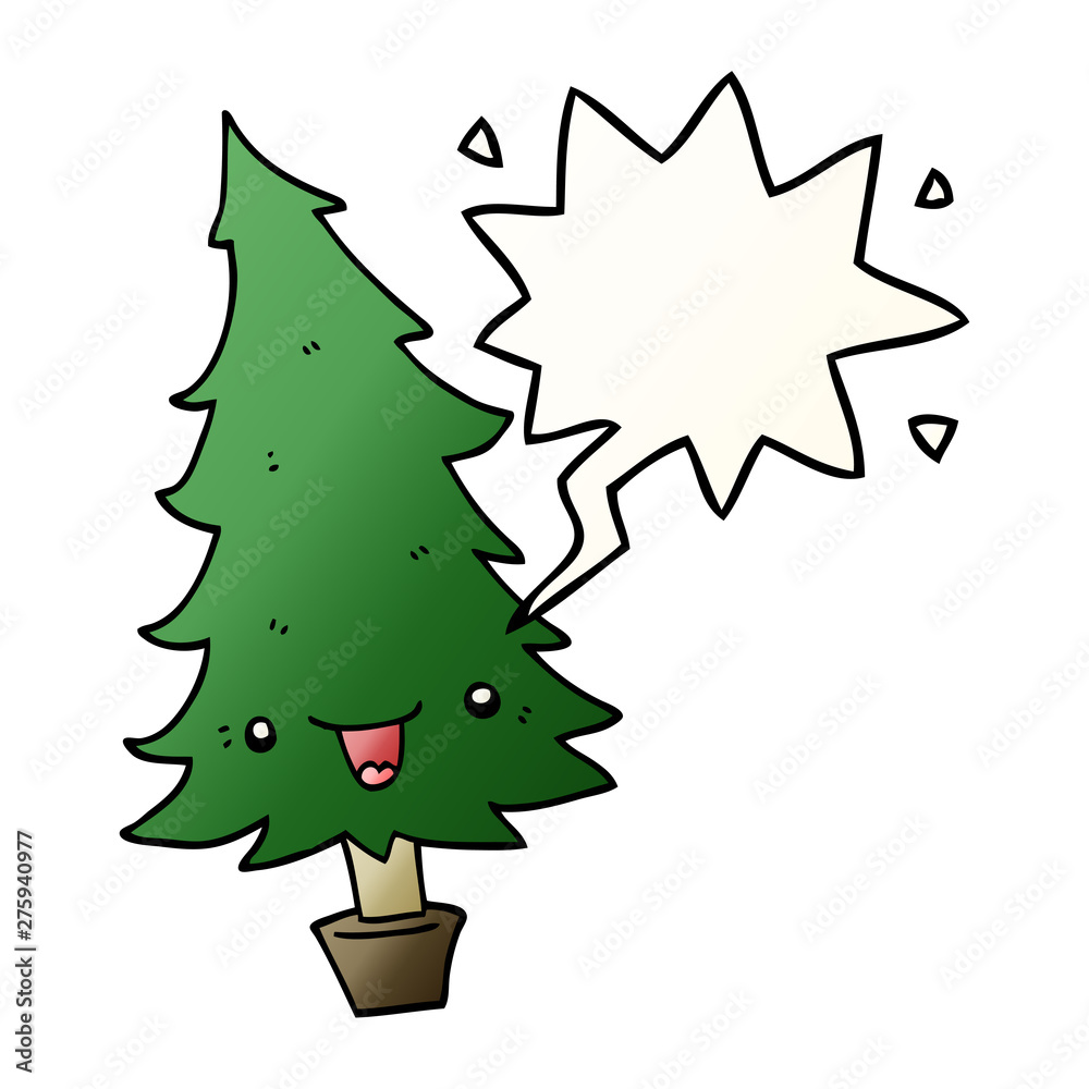 Obraz premium cute cartoon christmas tree and speech bubble in smooth gradient style