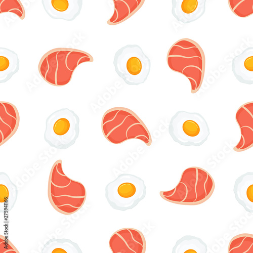 Pork steak and scrambled eggs seamless pattern. Used for design surfaces, fabrics, textiles, packaging paper.