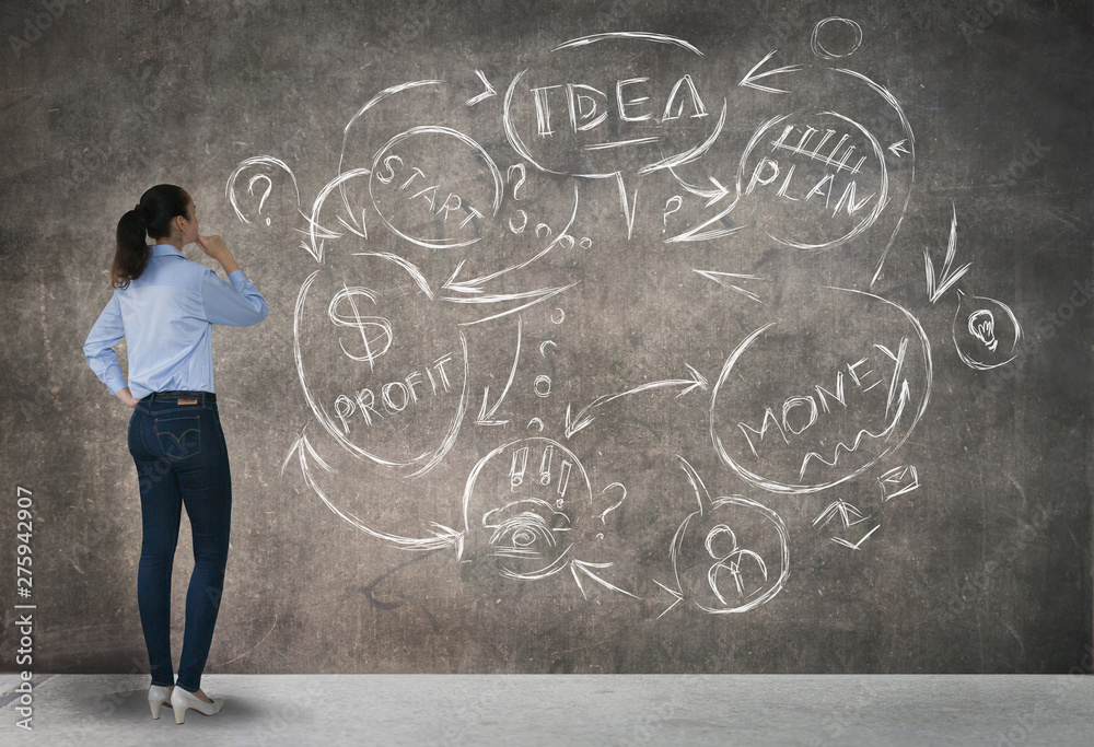 Young woman thinking over the business idea and looking at the sketch made of business and communication icons. Planning. Young woman thinking over the business idea and looking at the sketch made of business and communication icons. Planning.
