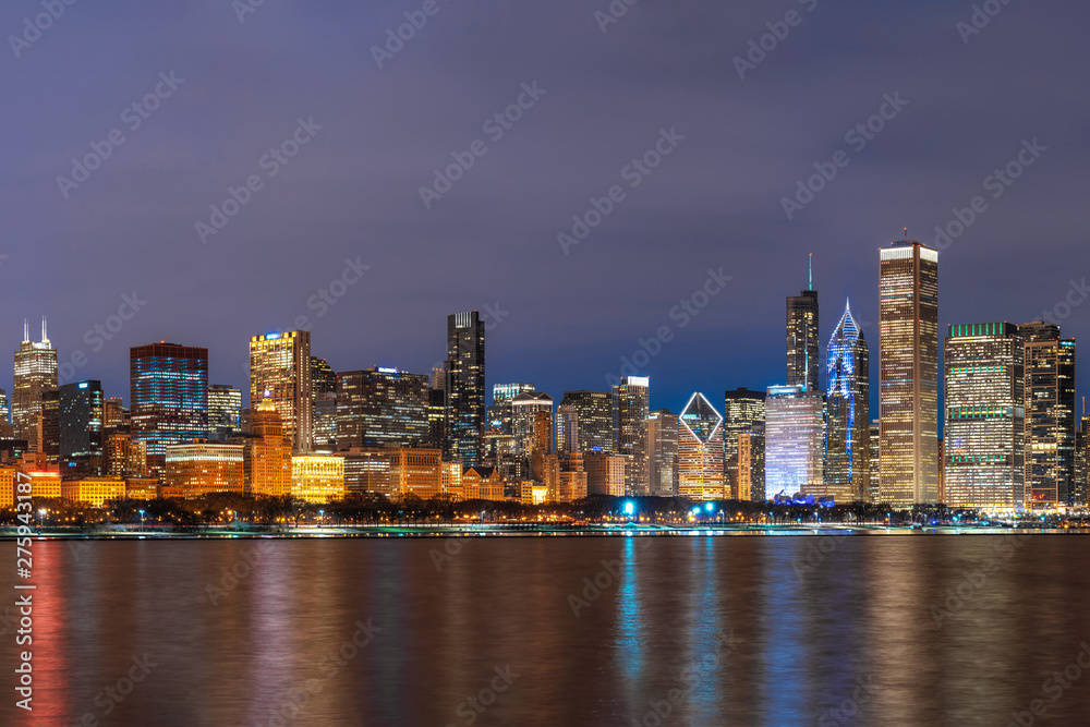 Chicago Cityscape river side along Lake Michigan at beautiful twilight time, Illinois, United States, Business Architecture and building with tourist concept