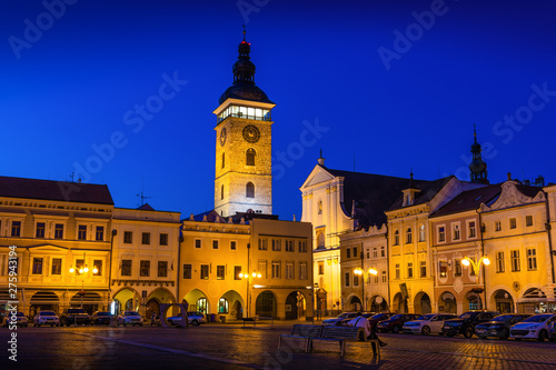 Historic center of Ceske Budejovice at night, Budweis, Budvar, South Bohemia, Czech Republic, Europe.