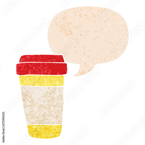 cartoon coffee cup and speech bubble in retro textured style