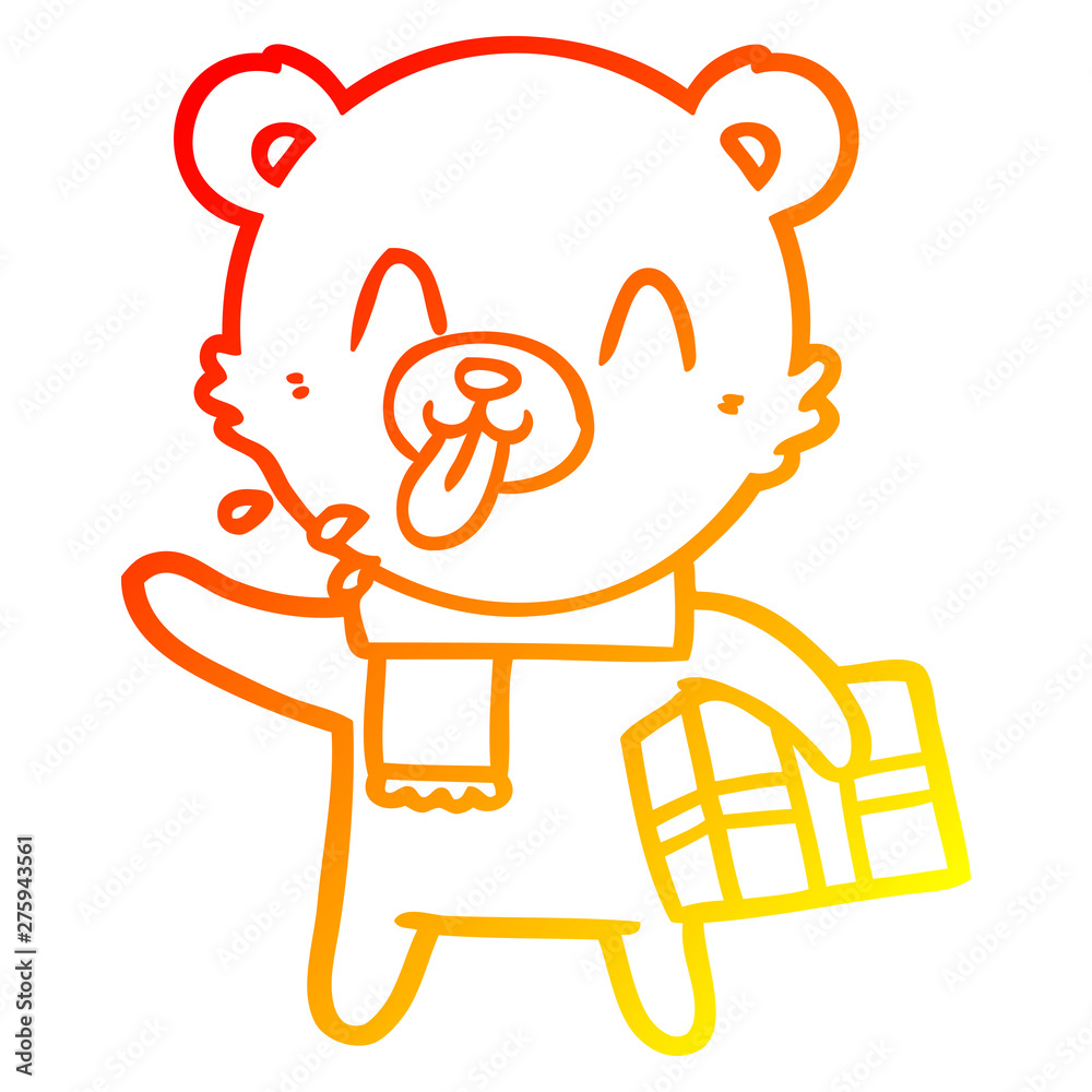 warm gradient line drawing rude cartoon bear with present warm gradient line drawing rude cartoon bear with present