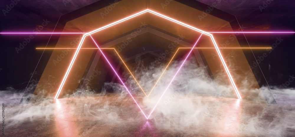 Smoke Futuristic Sci Fi Arch Orange Purple Laser Neon Lights Glowing Dark Grunge Reflective Concrete Tunnel Corridor Hallway Alien Spaceship Virtual Reality Empty Background 3D Rendering