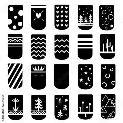 Simple but cute ideas for nail art design. Vector. Black and white palette, the colors could be inversed or changed. Templates for manicure, pedicure, beauty salons. Fashion trends.