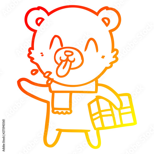 warm gradient line drawing rude cartoon bear with present