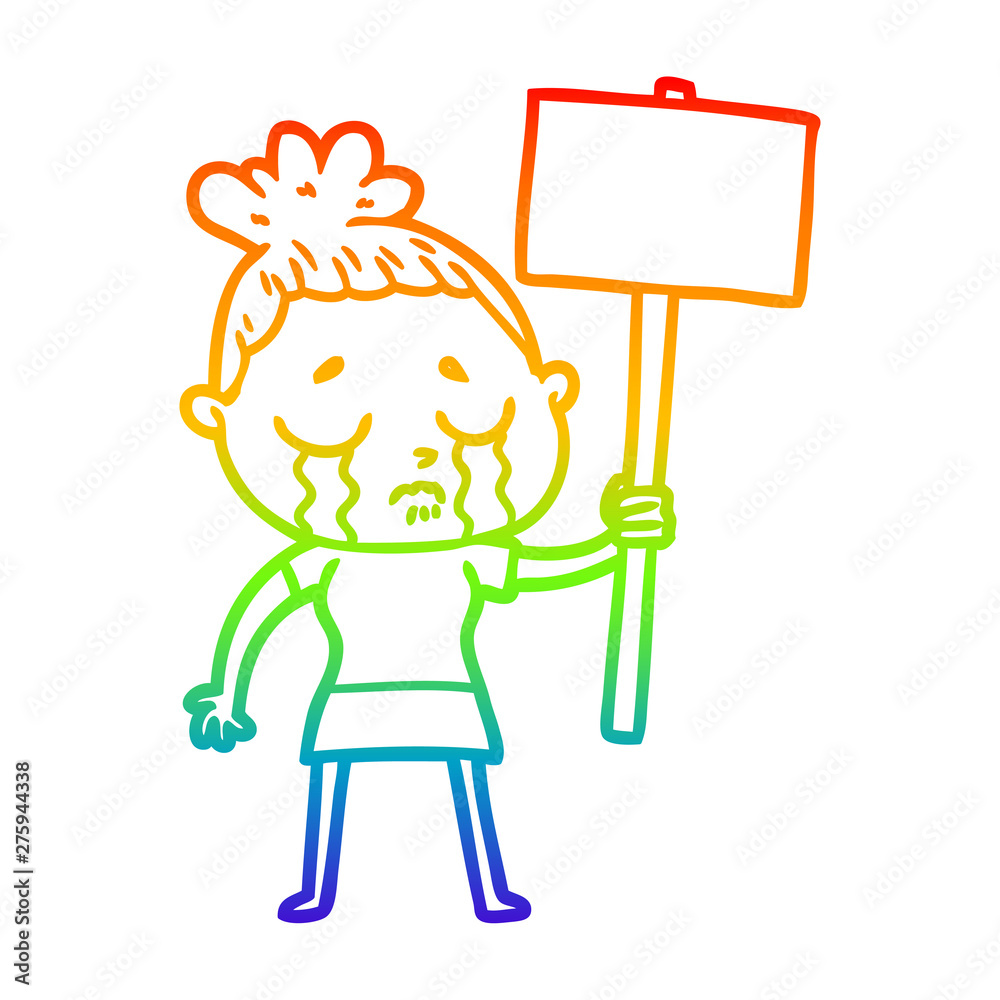 rainbow gradient line drawing cartoon crying woman with protest sign