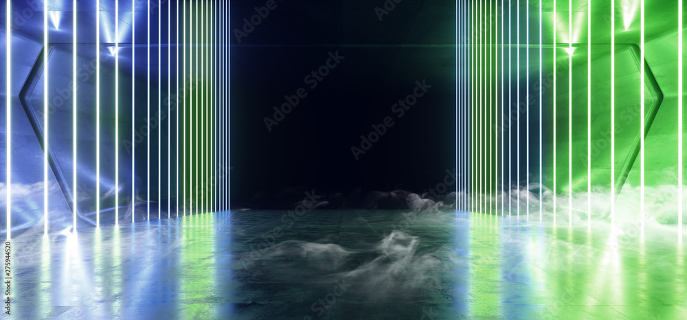 Fototapeta Neon Lights Futuristic Sci Fi Vibrant Green Blue Dark Background Graphic Corridor Tunnel Spaceship Alien Garage Underground Shaped Lasers Glowing Grunge Concrete 3D Rendering