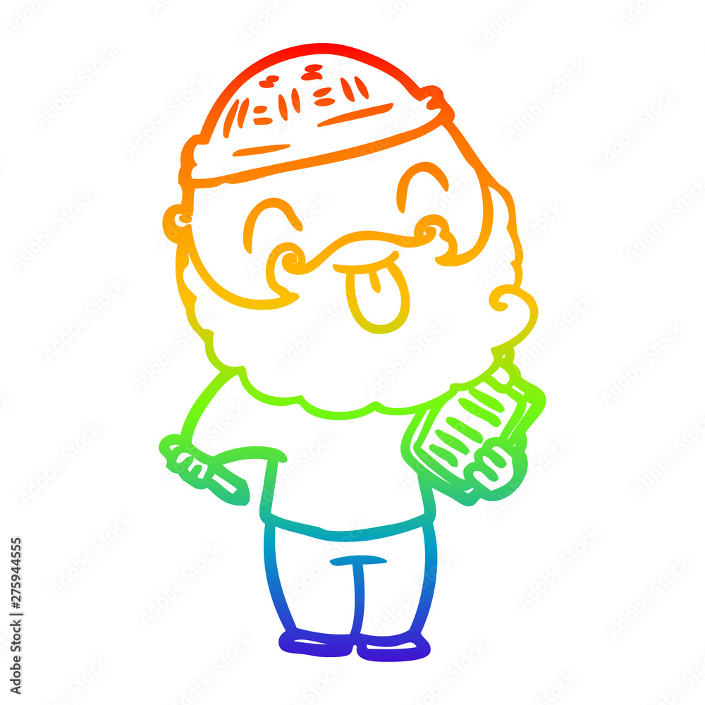 rainbow gradient line drawing man with beard sticking out tongue
