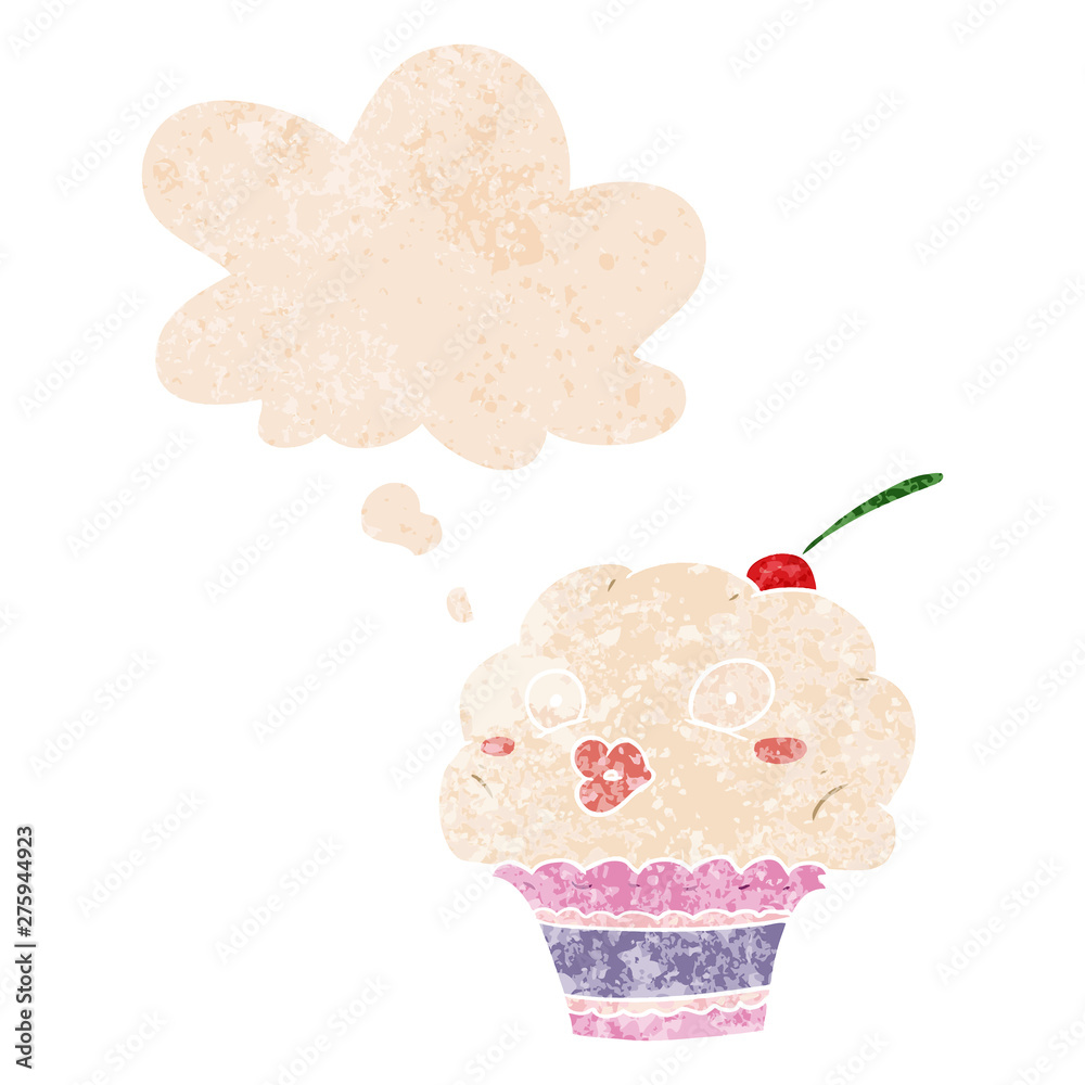 cartoon cupcake and thought bubble in retro textured style cartoon cupcake and thought bubble in retro textured style
