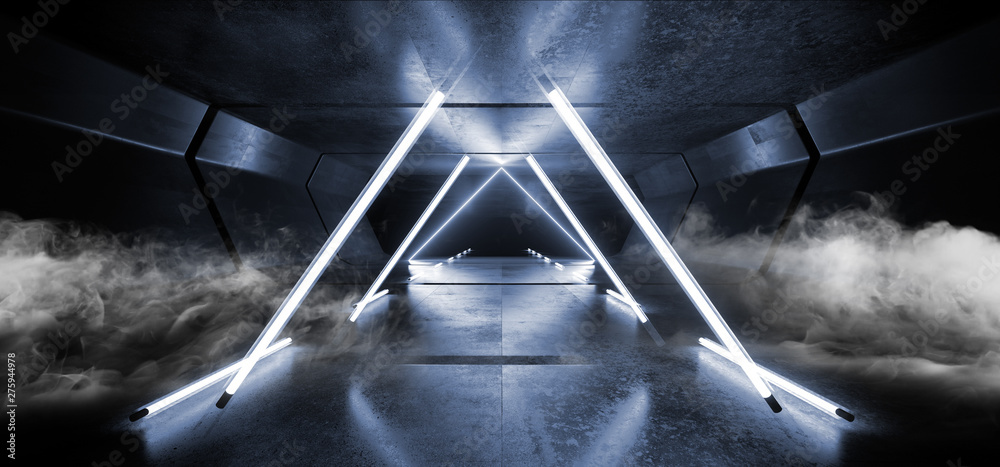 Smoke Neon Lights Futuristic Sci Fi Vibrant Blue Dark Background Graphic Corridor Tunnel Spaceship Alien Garage Underground Shaped Lasers Glowing Grunge Concrete 3D Rendering